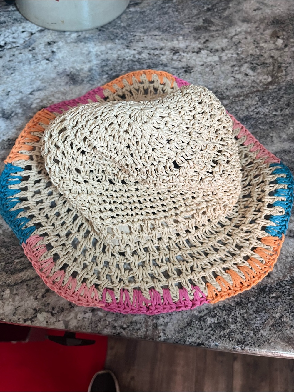 Foldable Crochet Sun Hat with Pink, Orange & Blue Trim